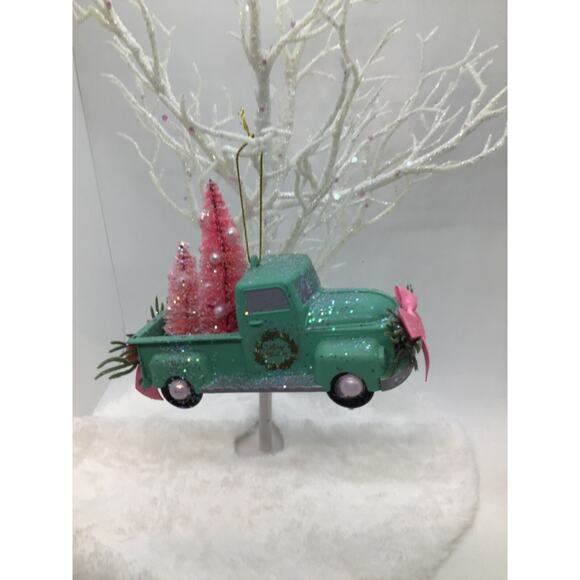 Farmhouse Truck Christmas Ornament -Green Pink Bottle Brush Trees Hand Decorated - Picture 8 of 11